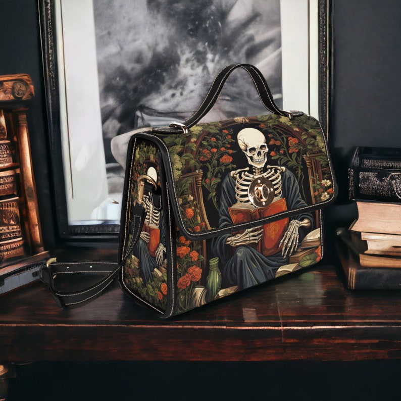 Gothic Skeleton Reading Satchel Handbag For Boho Hippie