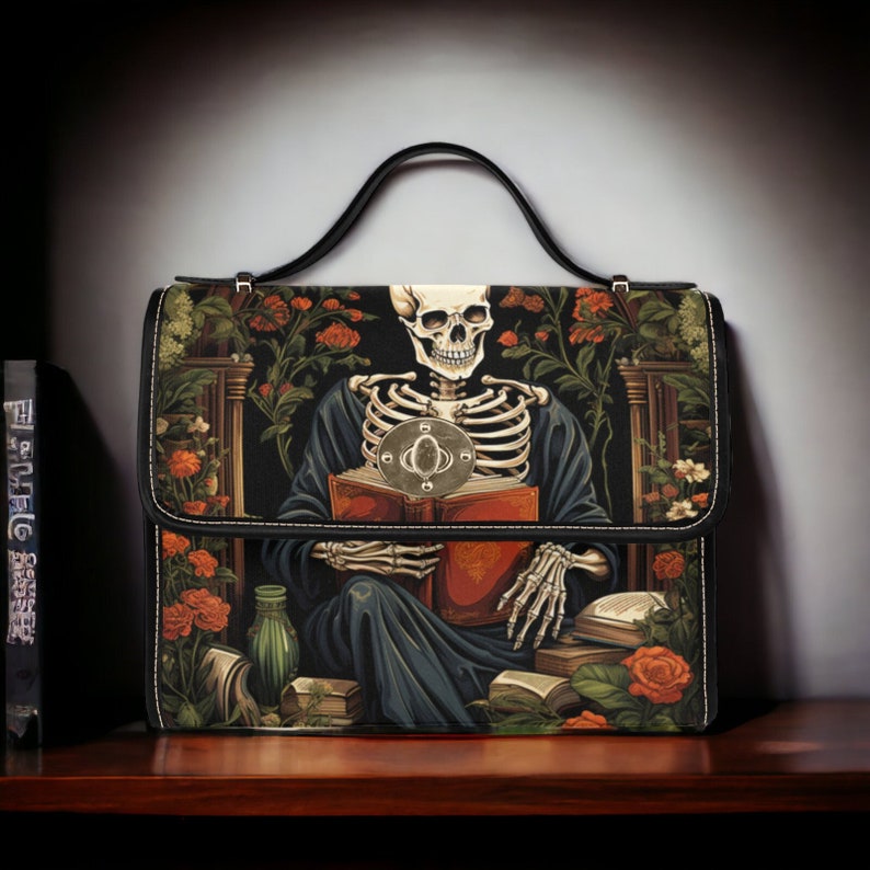 Gothic Skeleton Reading Satchel Handbag For Boho Hippie