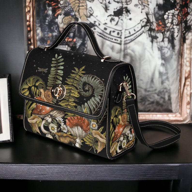 Boho Dark Forest Ferns Mushrooms Witchy Canvas Satchel Handbag For Hippie