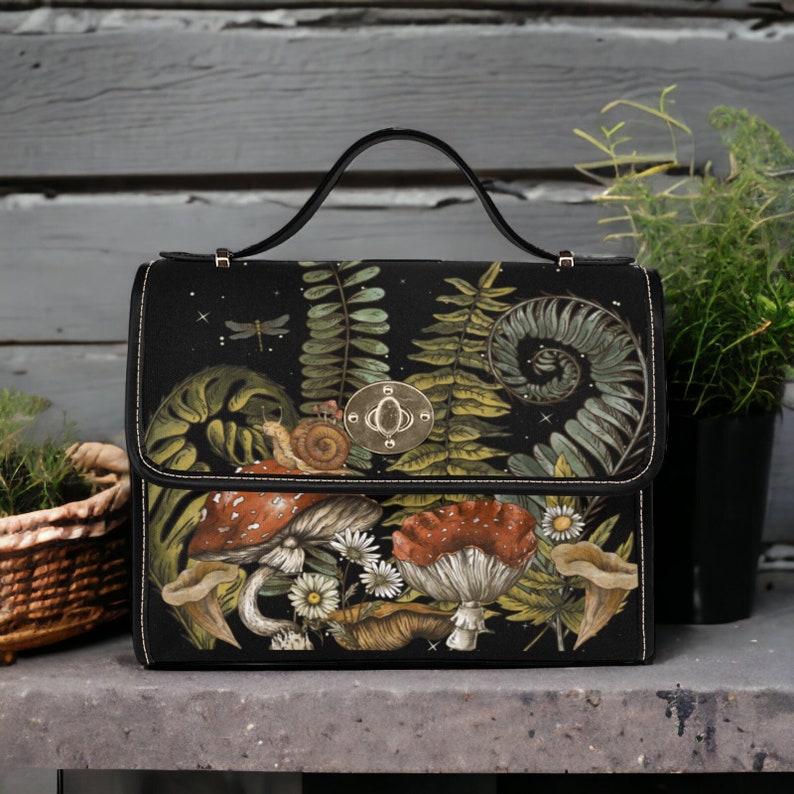 Boho Dark Forest Ferns Mushrooms Witchy Canvas Satchel Handbag For Hippie