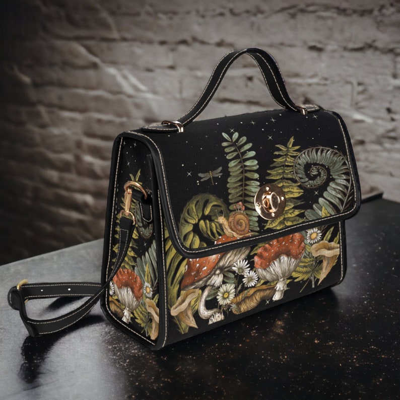 Boho Dark Forest Ferns Mushrooms Witchy Canvas Satchel Handbag For Hippie