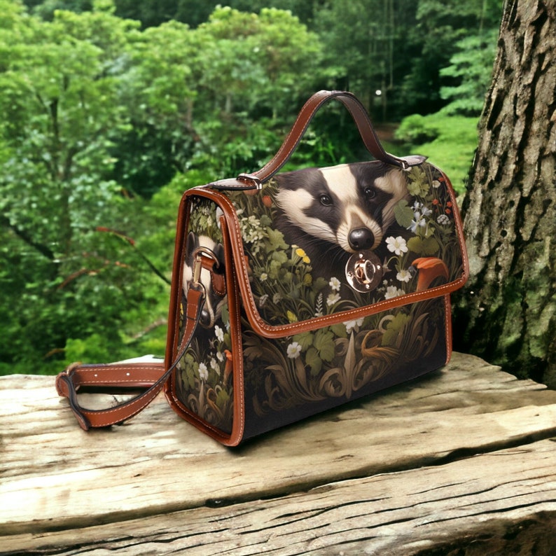 Dark Forest Badger and Woodland Floral Witchy Satchel Handbag For Boho Hippie