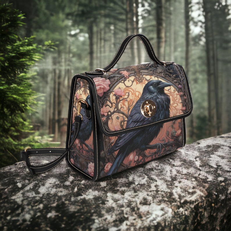 Dark Cottage Goth Witchy Crow And Roses Satchel Handbag For Boho Hippie