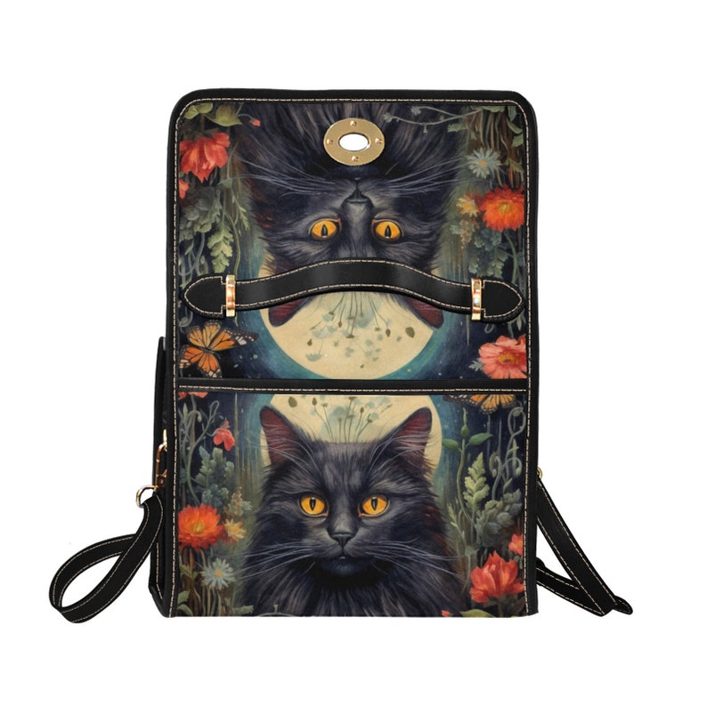 Dark Cottage Goth Witchy Cat and Floral Satchel Handbag For Boho Hippie