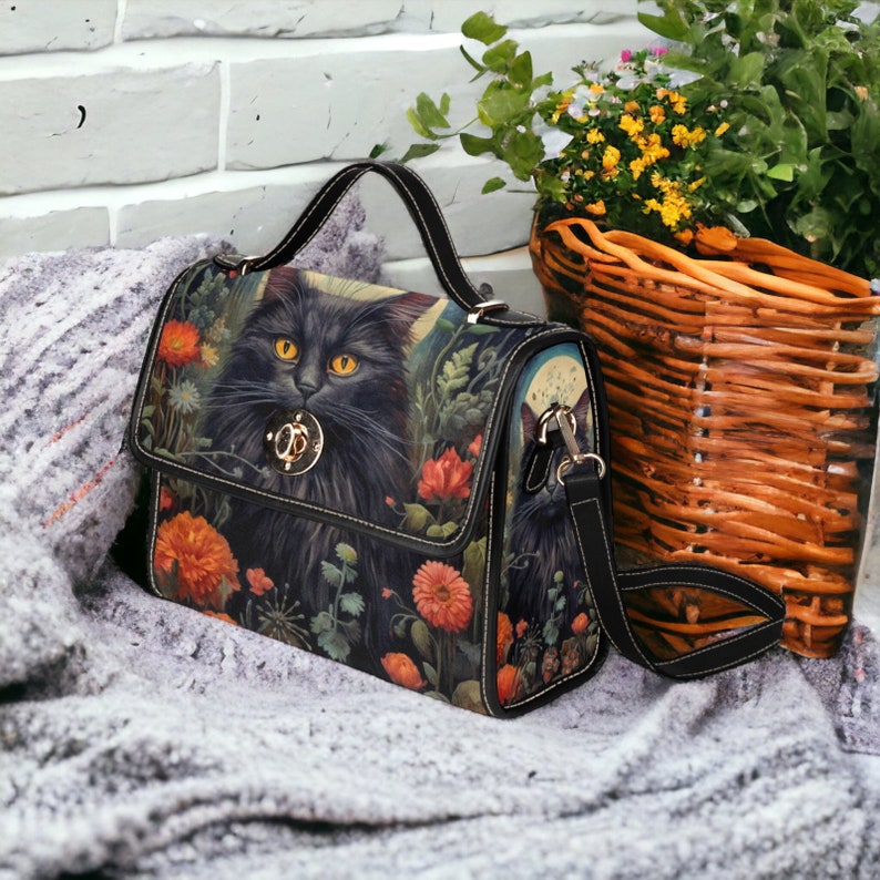 Dark Cottage Goth Witchy Cat and Floral Satchel Handbag For Boho Hippie