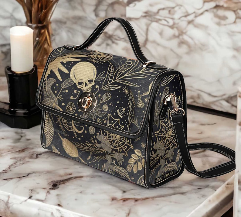 Black Gold Halloween Hand Drawn Doddle Skull Witchy Satchel Bag For Boho Hippie