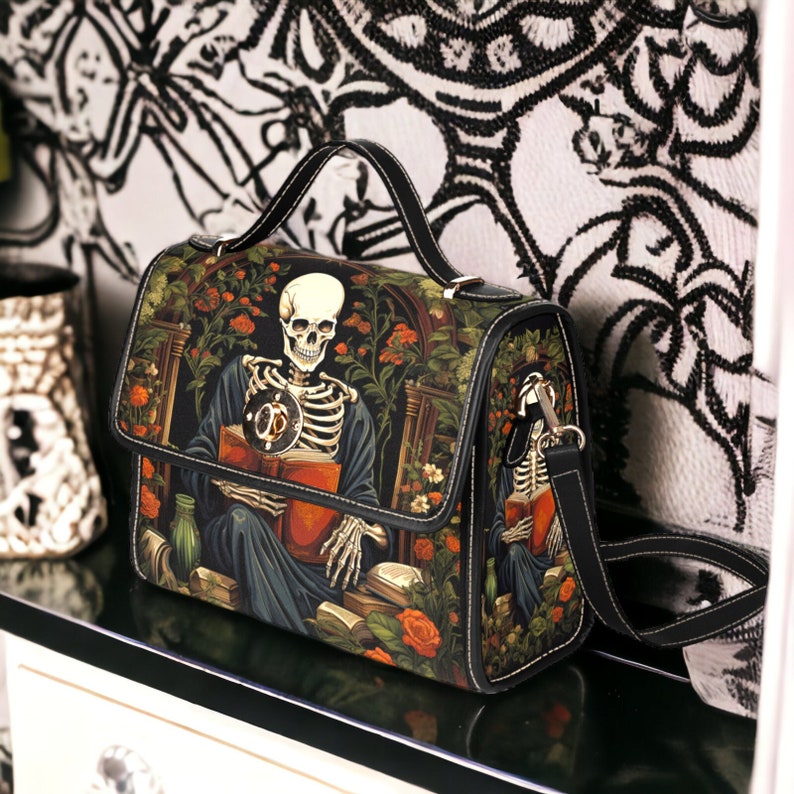 Gothic Skeleton Reading Satchel Handbag For Boho Hippie