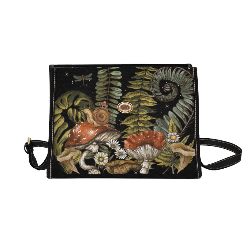 Boho Dark Forest Ferns Mushrooms Witchy Canvas Satchel Handbag For Hippie