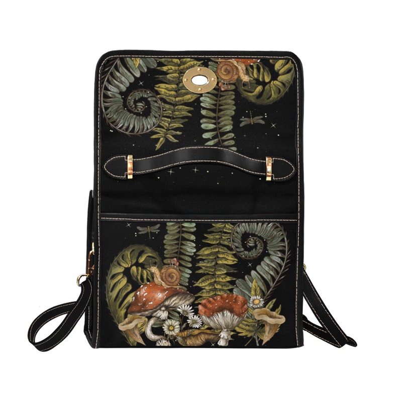 Boho Dark Forest Ferns Mushrooms Witchy Canvas Satchel Handbag For Hippie