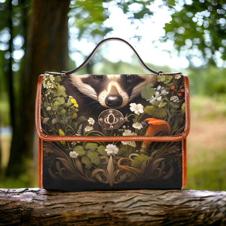 Dark Forest Badger and Woodland Floral Witchy Satchel Handbag For Boho Hippie