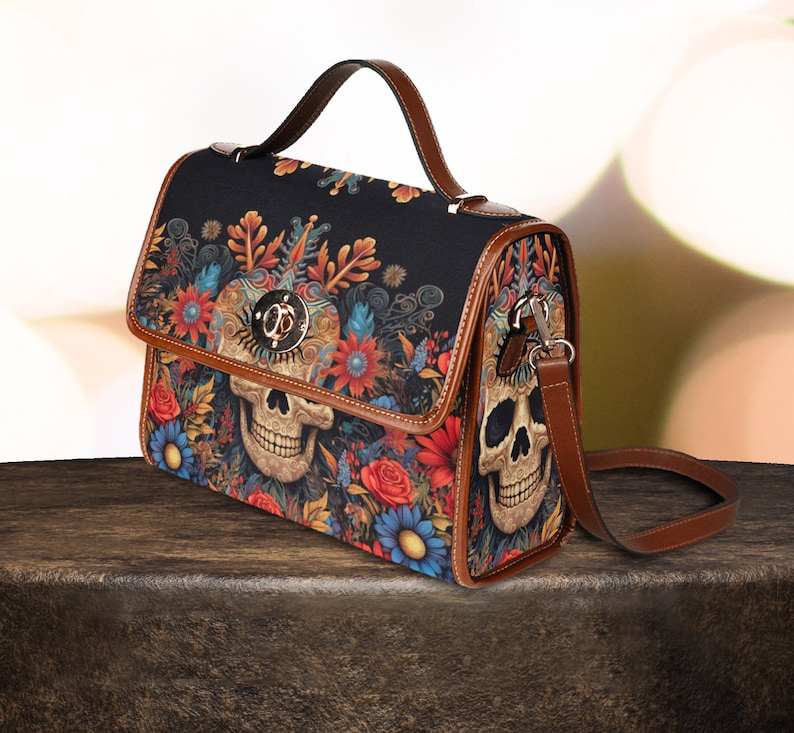Whimsigoth Boho Skull Canvas Witchy Satchel Bag For Boho Hippie