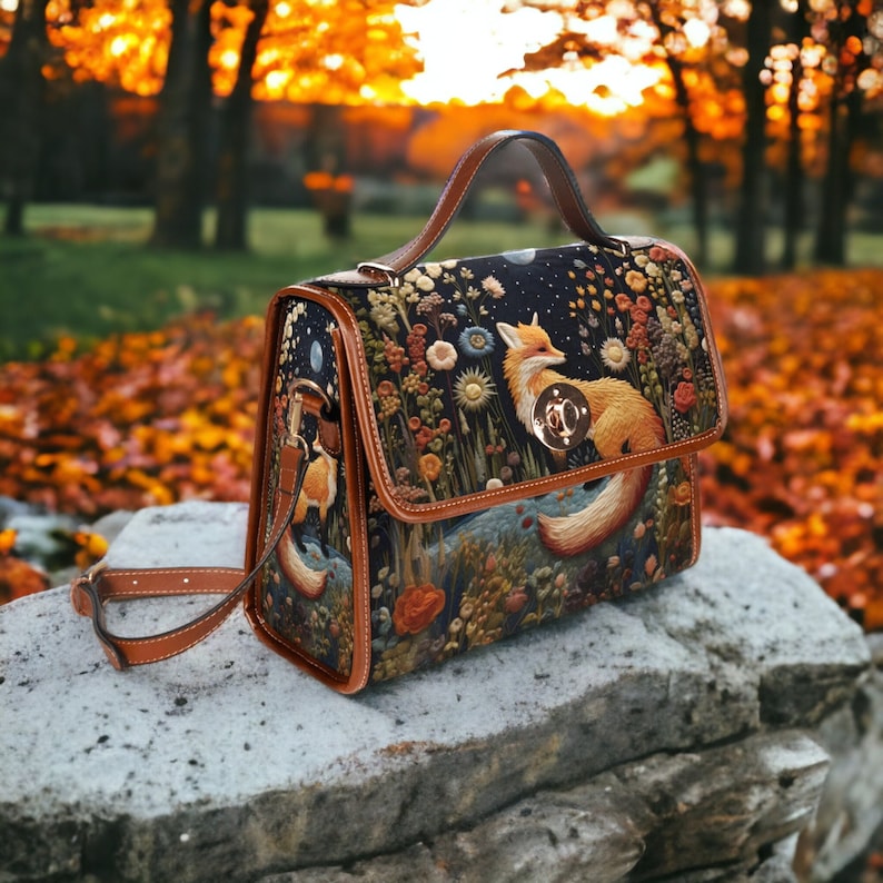 Faux-Embroidered Fox and Floral Witchy Satchel Bag For Boho Hippie