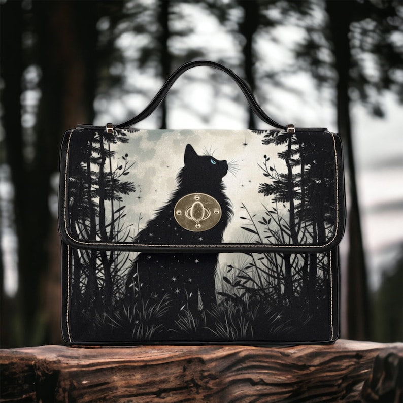Dark Forest Cottagecore Black Cat Satchel Handbag For Boho Hippies