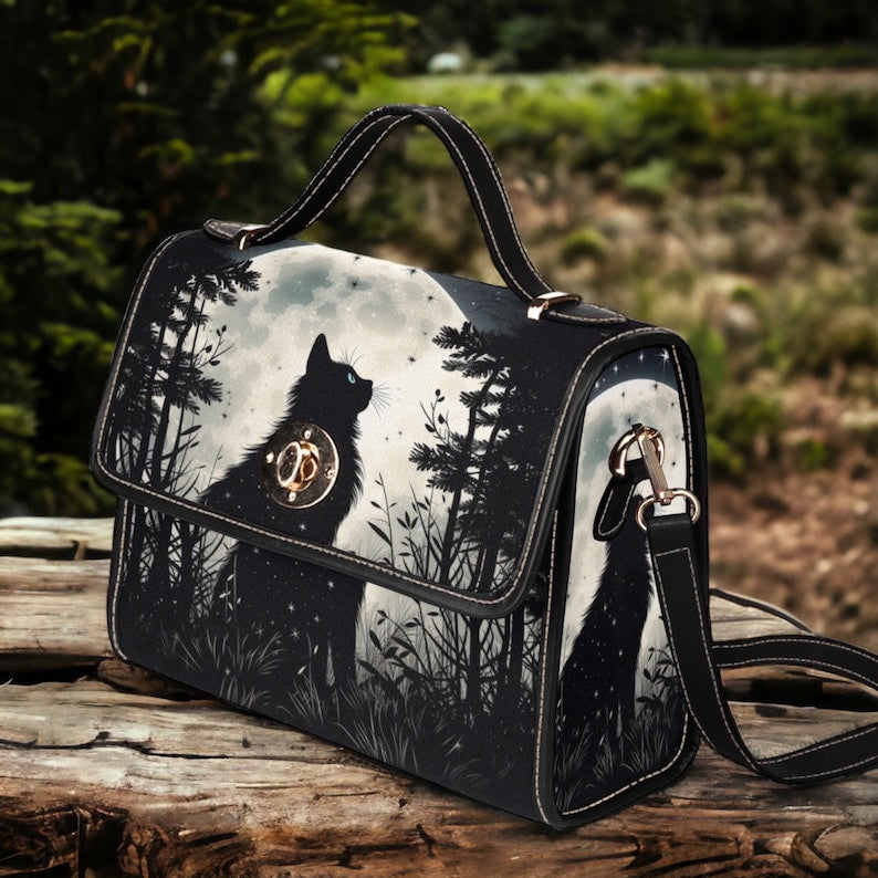 Dark Forest Cottagecore Black Cat Satchel Handbag For Boho Hippies