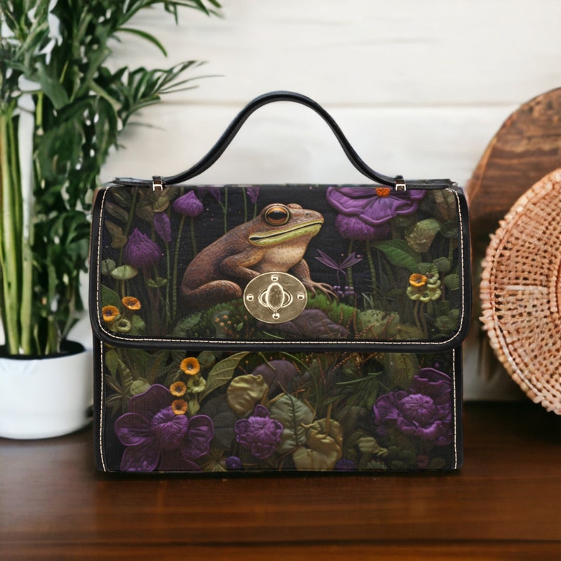 Faux-Embroidered Toad and Floral Witchy Satchel Handbag For Boho Hippie