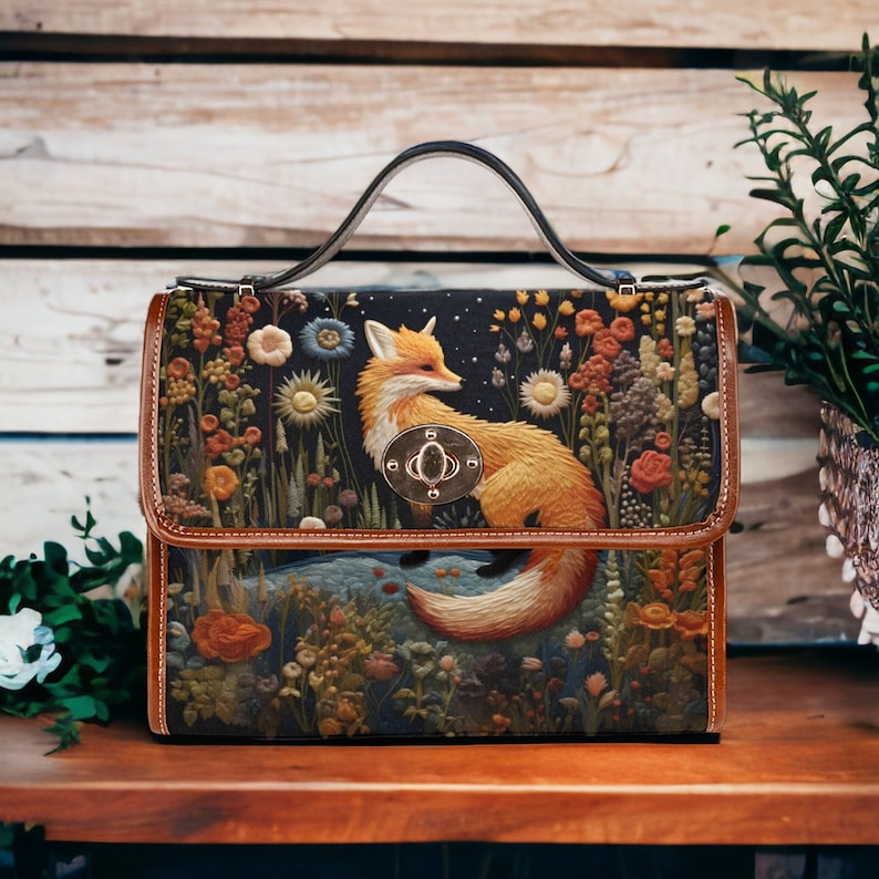 Faux-Embroidered Fox and Floral Witchy Satchel Bag For Boho Hippie