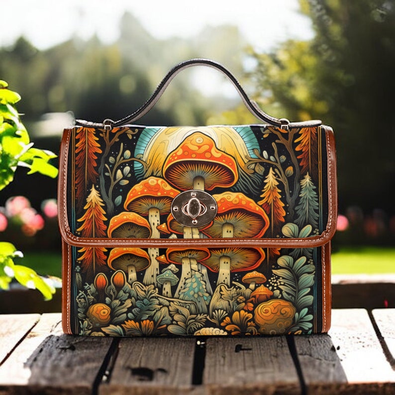 Retro Mushroom Forest Satchel Handbag Boho Hippie Style