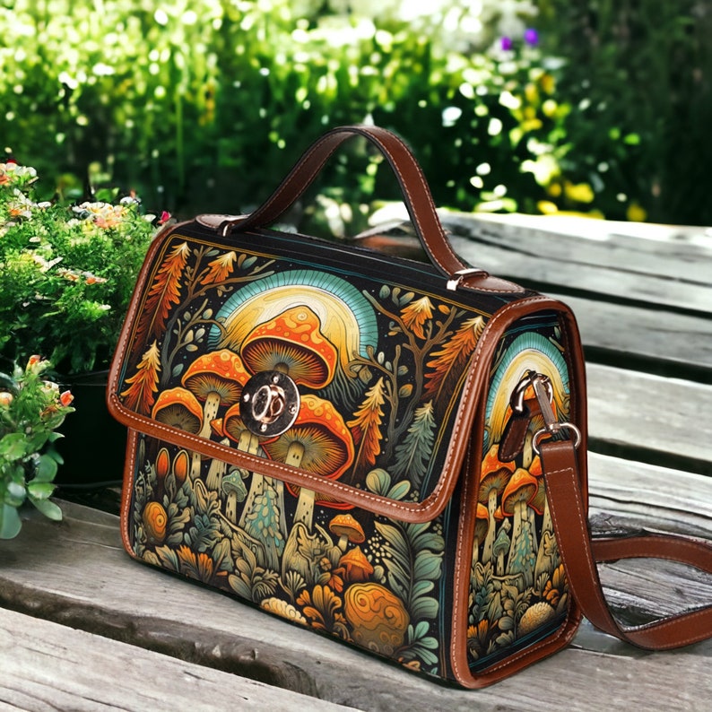 Retro Mushroom Forest Satchel Handbag Boho Hippie Style