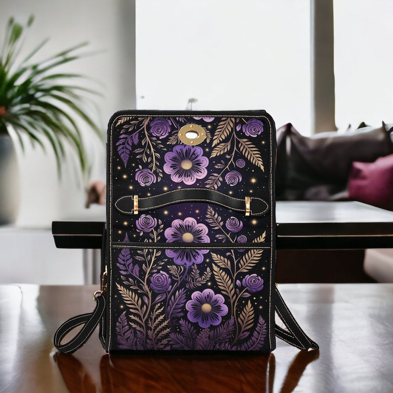 Witchy Satchel Handbag Cute Purple Floral Design For Boho Hippies