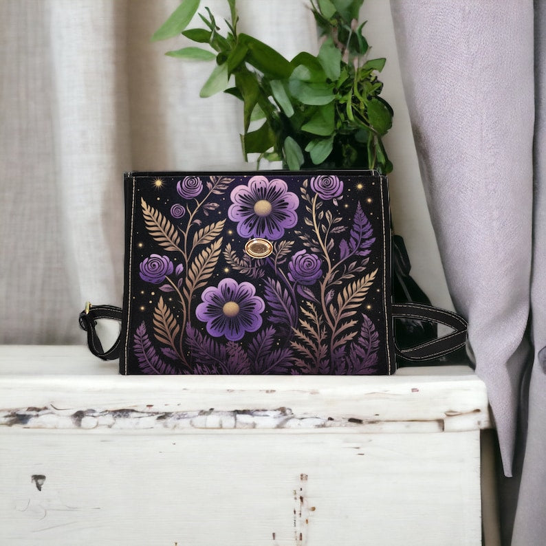 Witchy Satchel Handbag Cute Purple Floral Design For Boho Hippies