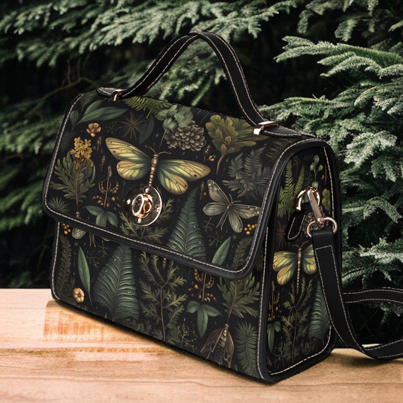 Witchy Satchel Handbag Butterfly Botanical Ferns Design For Boho Hippies