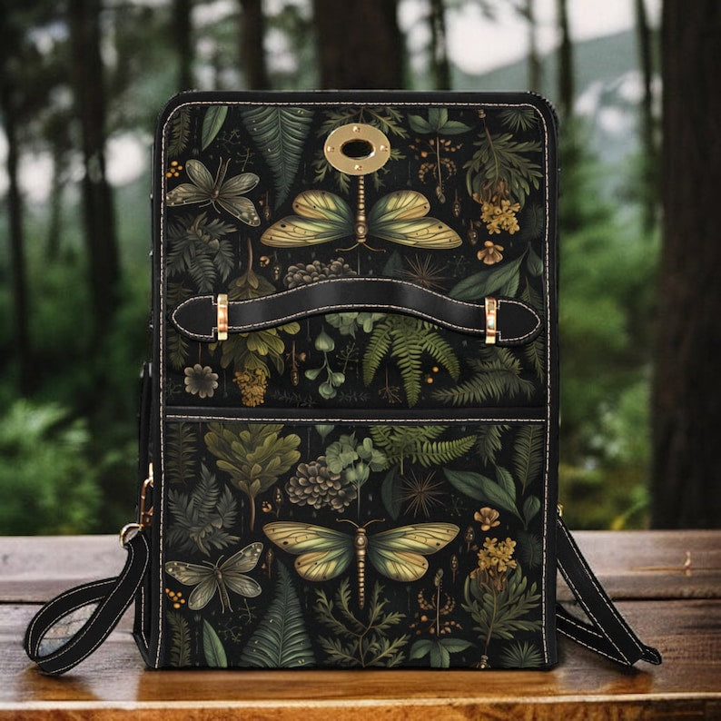 Witchy Satchel Handbag Butterfly Botanical Ferns Design For Boho Hippies