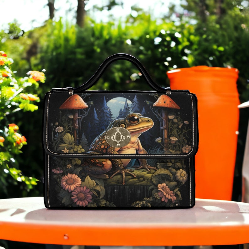 Green Frog Whimsical Mushroom Witchy Satchel Handbag For Boho Hippies