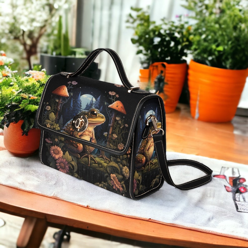 Green Frog Whimsical Mushroom Witchy Satchel Handbag For Boho Hippies