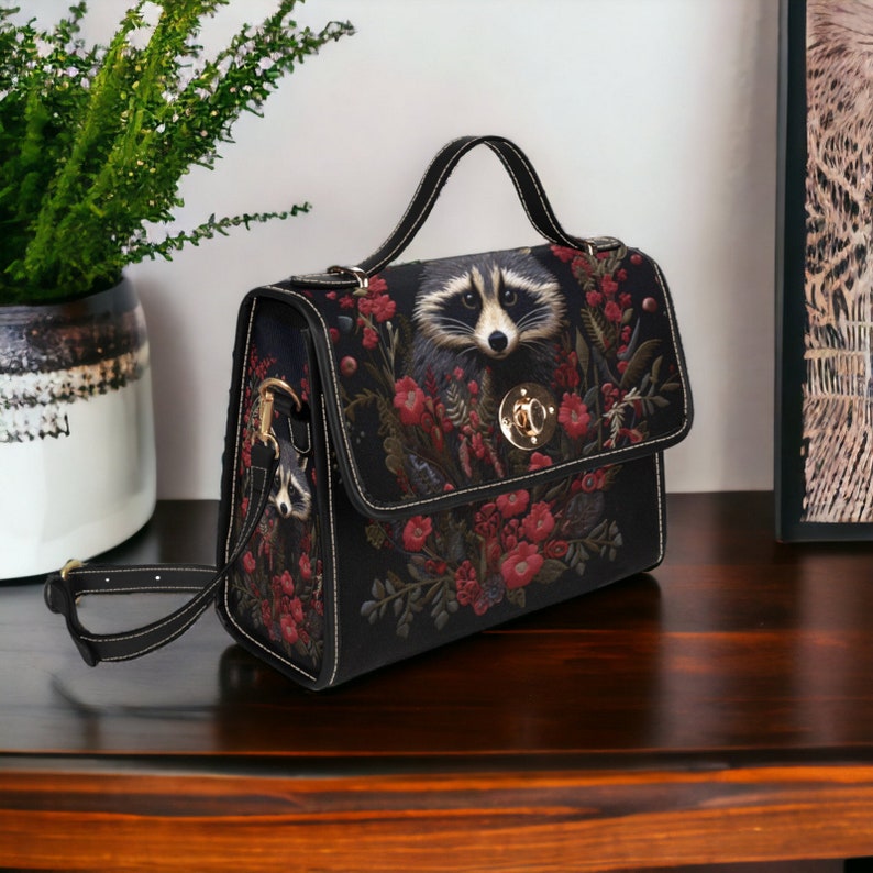 Faux-Embroidered Raccoon & Floral Witchy Satchel Handbag For Boho Hippie
