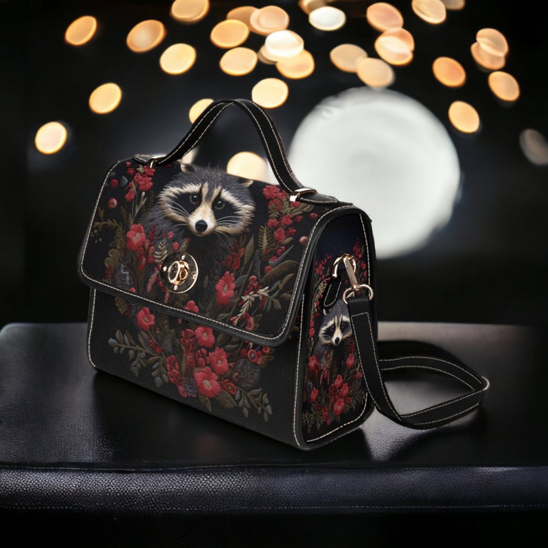 Faux-Embroidered Raccoon & Floral Witchy Satchel Handbag For Boho Hippie