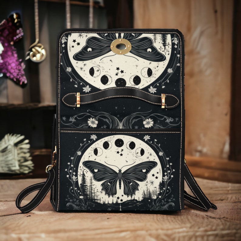 Witchy Satchel Handbag Cottagecore Moth And Moon Phases Design For Boho Hippies