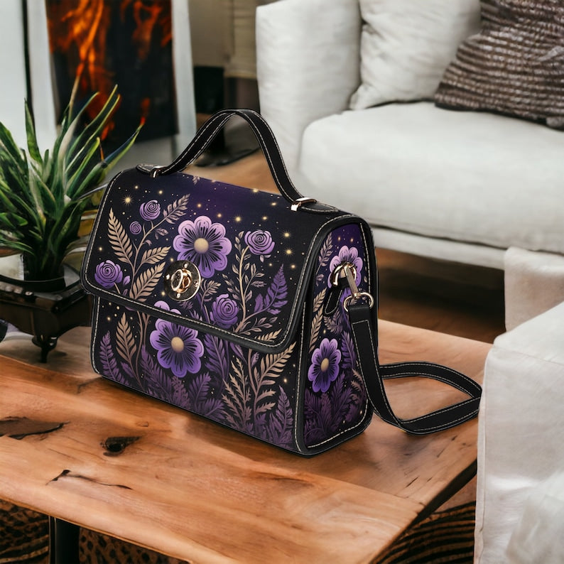 Witchy Satchel Handbag Cute Purple Floral Design For Boho Hippies