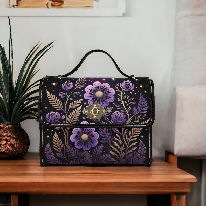 Witchy Satchel Handbag Cute Purple Floral Design For Boho Hippies