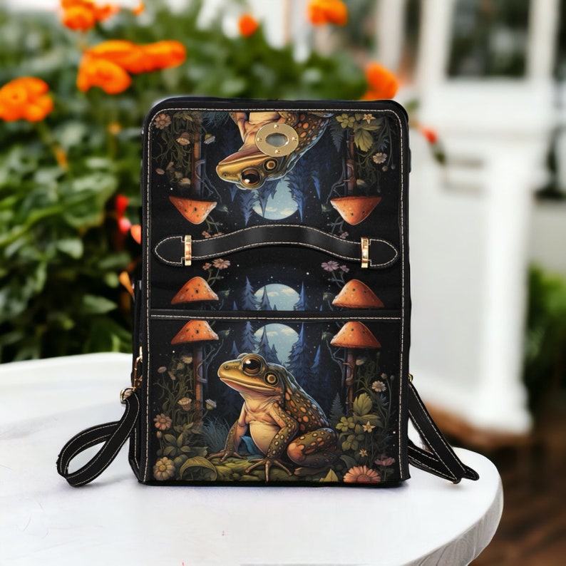 Green Frog Whimsical Mushroom Witchy Satchel Handbag For Boho Hippies