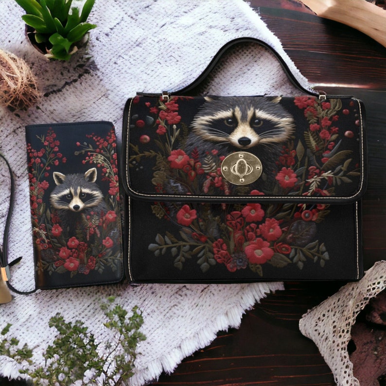 Faux-Embroidered Raccoon & Floral Witchy Satchel Handbag For Boho Hippie
