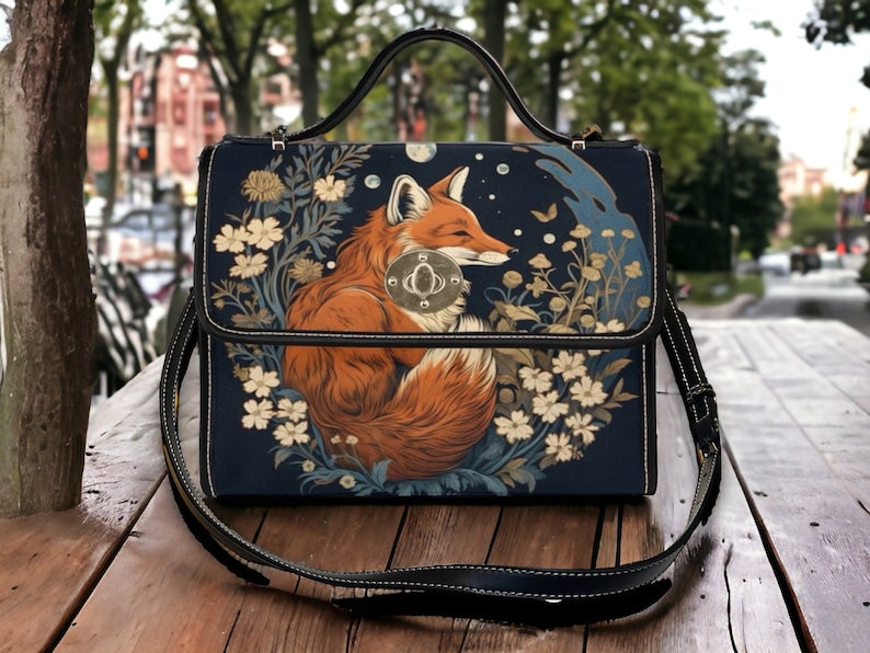 Retro Fox In The Forest Canvas Satchel Bag For Boho Hippie