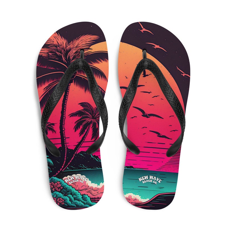 hippieartzone - Pink Palm Beach Sunset Flip Flops Colorful