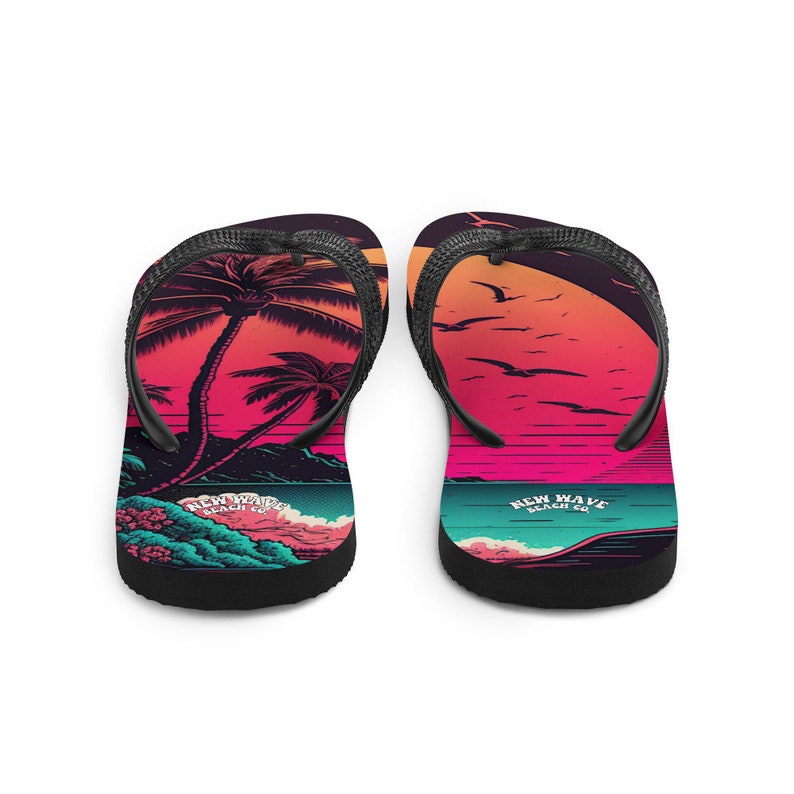 hippieartzone - Pink Palm Beach Sunset Flip Flops Colorful