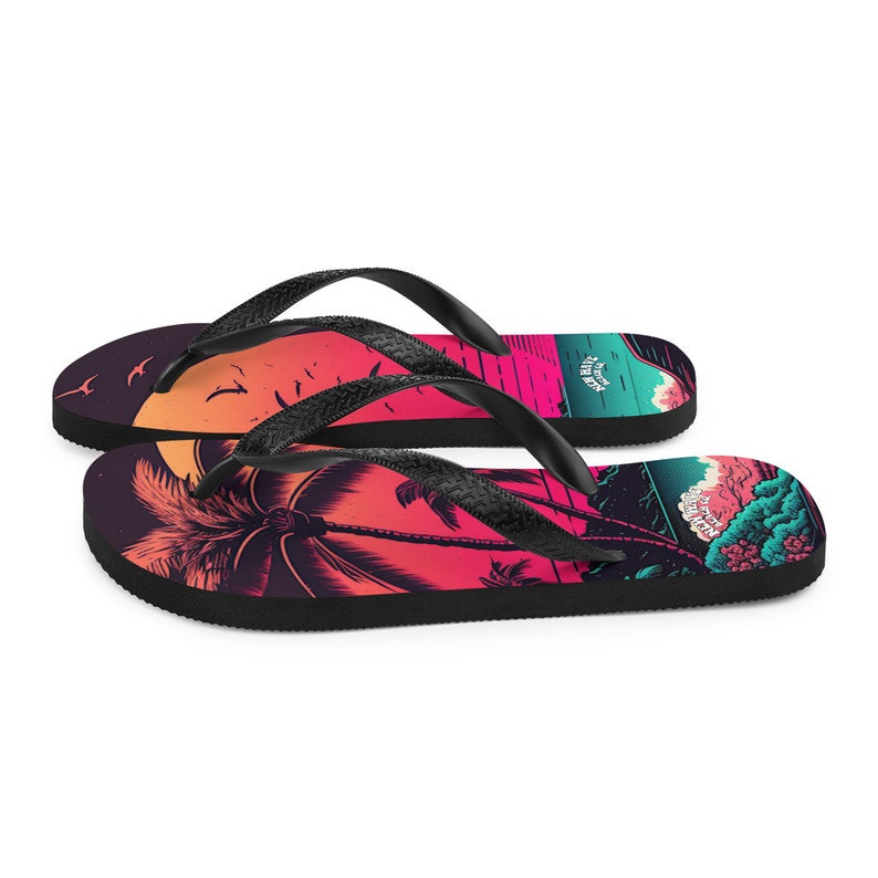 hippieartzone - Pink Palm Beach Sunset Flip Flops Colorful