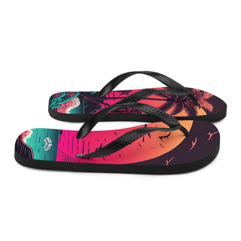 hippieartzone - Pink Palm Beach Sunset Flip Flops Colorful