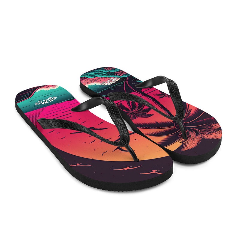 hippieartzone - Pink Palm Beach Sunset Flip Flops Colorful