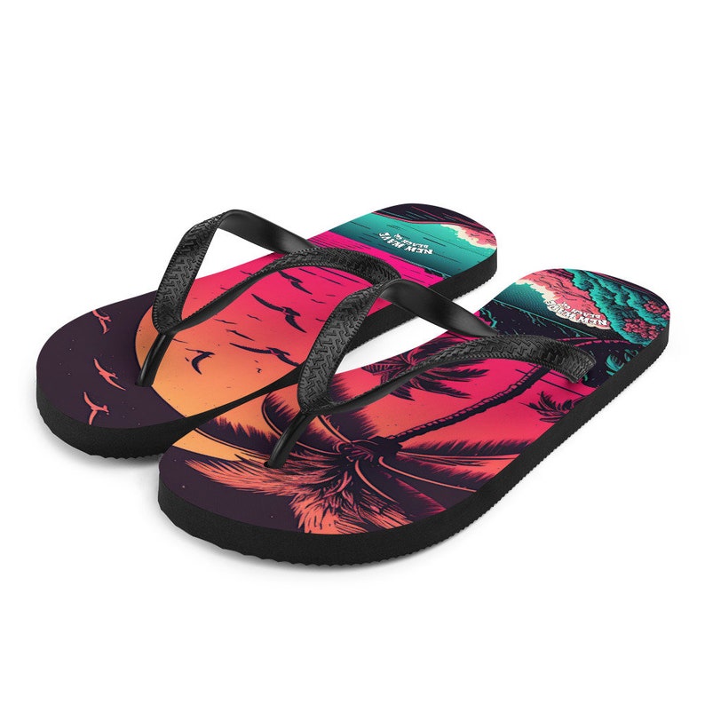 hippieartzone - Pink Palm Beach Sunset Flip Flops Colorful