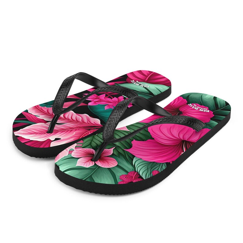 hippieartzone - Pink Tropical Flower Flip Flops Colorful.