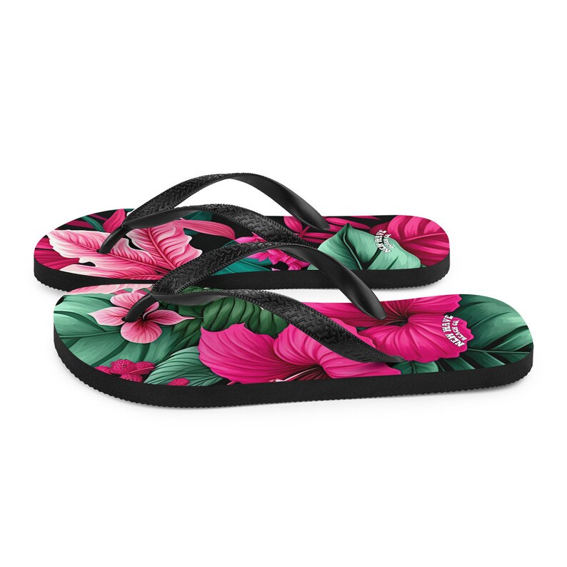 hippieartzone - Pink Tropical Flower Flip Flops Colorful.