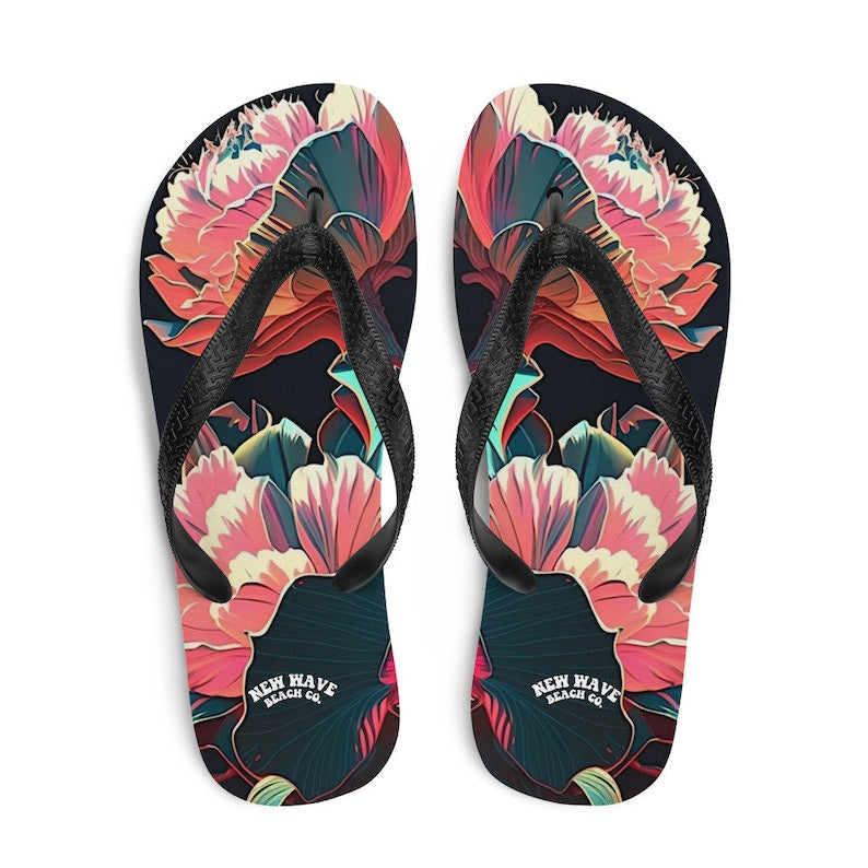 hippieartzone - Pink Tropical Flower Flip Flops Colorful.