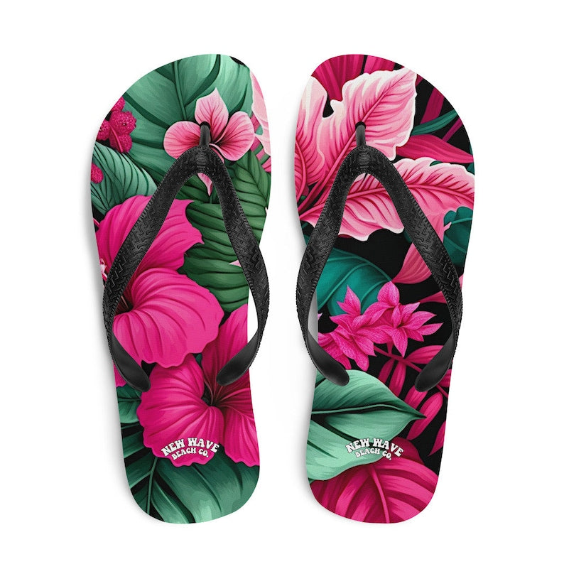 hippieartzone - Pink Tropical Flower Flip Flops Colorful.