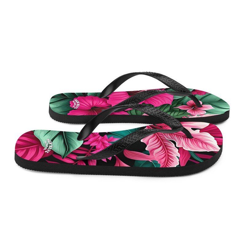 hippieartzone - Pink Tropical Flower Flip Flops Colorful.