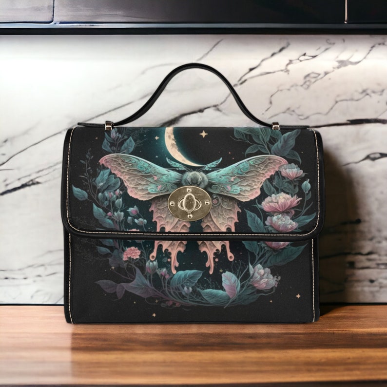 Cottagecore Moth and Moon Phases Canvas Satchel Bag For Hippie