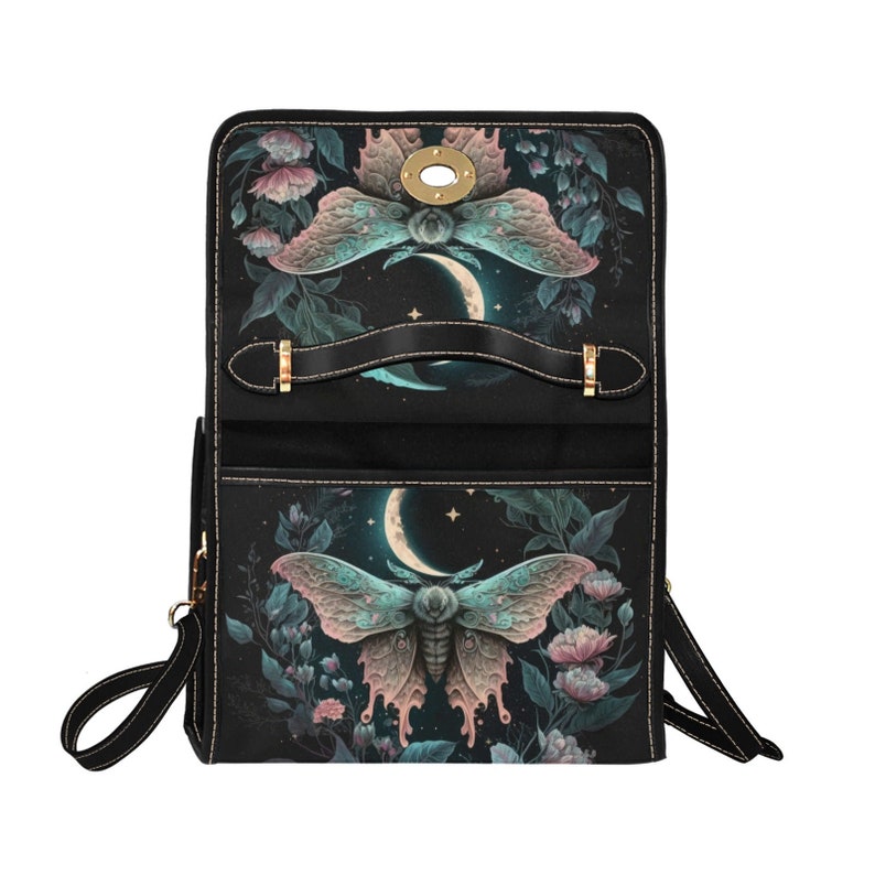 Cottagecore Moth and Moon Phases Canvas Satchel Bag For Hippie