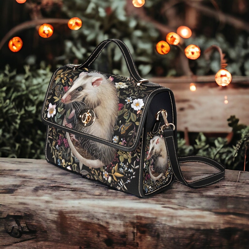 Faux-Embroidered Opossum &amp; Flowers Witchy Satchel Handbag For Boho Hippie